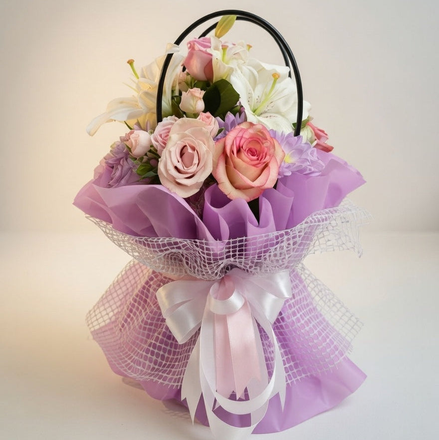 Bouquet of flowers with a black basket on a light background