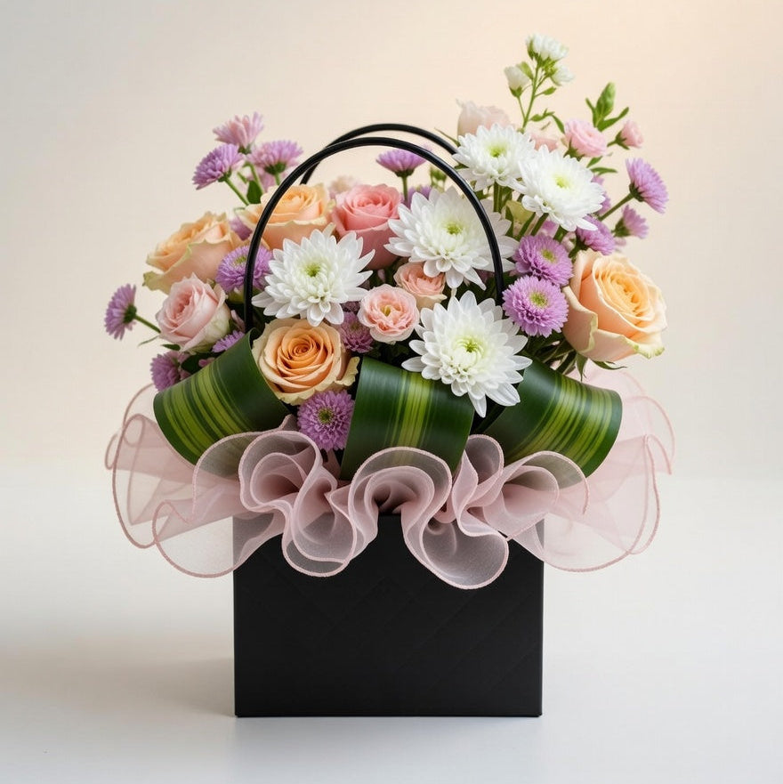 Floral arrangement in a watering can with pink and white flowers on a light background