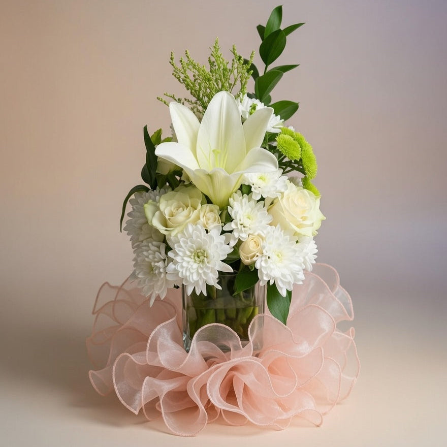 Bouquet of flowers with a pink ribbon on a neutral background