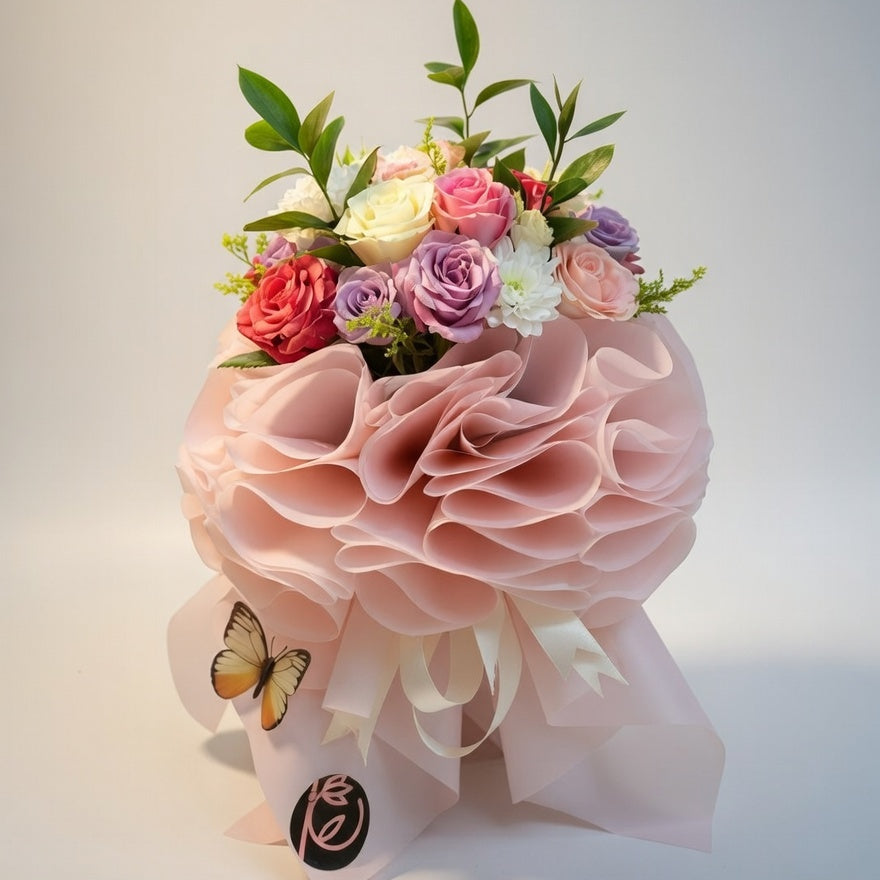 Bouquet of flowers with a pink wrap on a light background