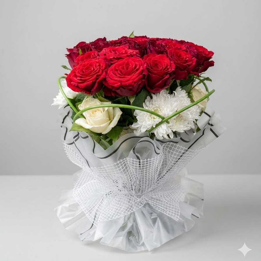 Bouquet of red and white roses with a decorative bow on a light gray background