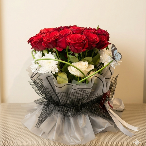 Bouquet of red roses and white flowers wrapped in black netting on a beige surface.