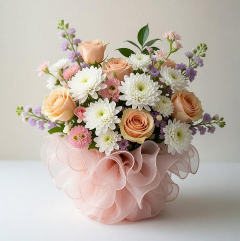 Floral arrangement in a pink vase on a white background