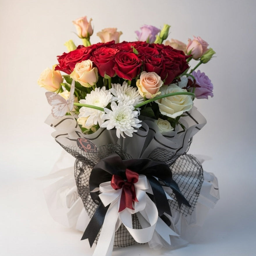 Bouquet of red, white, and pink flowers with decorative ribbons on a light background